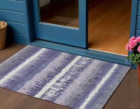 3' X 5' Purple And Ivory Striped Washable Indoor Outdoor Area Rug