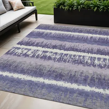 5' X 8' Purple And Ivory Striped Washable Indoor Outdoor Area Rug