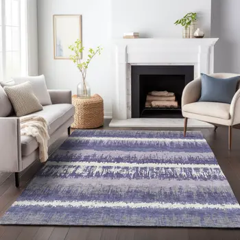 5' X 8' Purple And Ivory Striped Washable Indoor Outdoor Area Rug