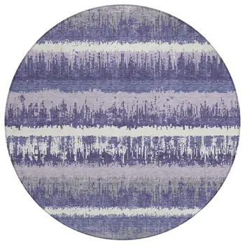 8' Purple And Ivory Round Striped Washable Indoor Outdoor Area Rug