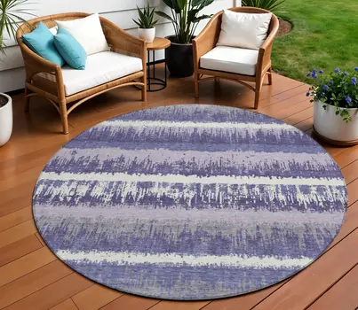 8' Purple And Ivory Round Striped Washable Indoor Outdoor Area Rug