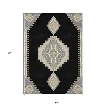 5' X 8' Black Gold And Gray Oriental Washable Indoor Outdoor Area Rug