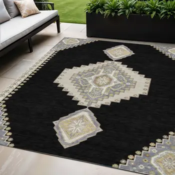 5' X 8' Black Gold And Gray Oriental Washable Indoor Outdoor Area Rug