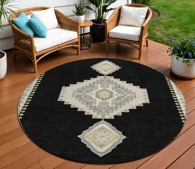 8' Black Gold And Gray Round Oriental Washable Indoor Outdoor Area Rug