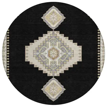 8' Black Gold And Gray Round Oriental Washable Indoor Outdoor Area Rug