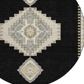 8' Black Gold And Gray Round Oriental Washable Indoor Outdoor Area Rug