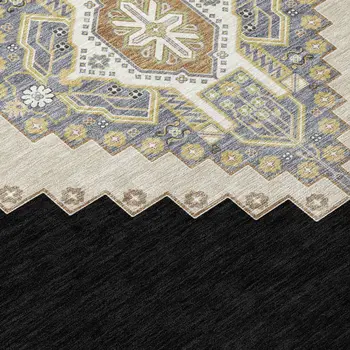 8' Black Gold And Gray Round Oriental Washable Indoor Outdoor Area Rug