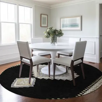 8' Black Gold And Gray Round Oriental Washable Indoor Outdoor Area Rug