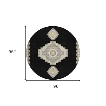8' Black Gold And Gray Round Oriental Washable Indoor Outdoor Area Rug