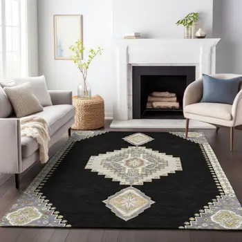 9' X 12' Black Gold And Gray Oriental Washable Indoor Outdoor Area Rug