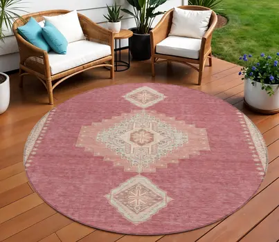 8' Blush Gray And Beige Round Oriental Washable Indoor Outdoor Area Rug