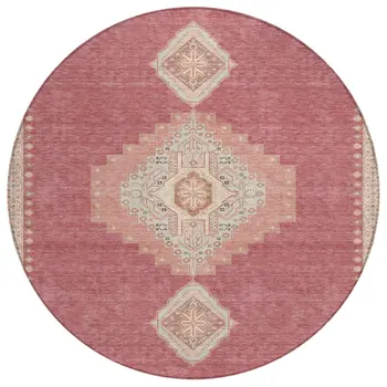 8' Blush Gray And Beige Round Oriental Washable Indoor Outdoor Area Rug