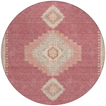 8' Blush Gray And Beige Round Oriental Washable Indoor Outdoor Area Rug