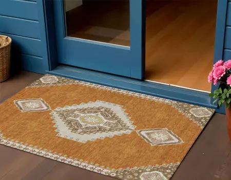 3' X 5' Copper Brown And Ivory Oriental Washable Indoor Outdoor Area Rug