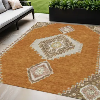 5' X 8' Copper Brown And Ivory Oriental Washable Indoor Outdoor Area Rug