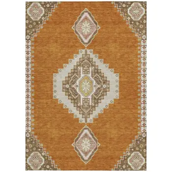 5' X 8' Copper Brown And Ivory Oriental Washable Indoor Outdoor Area Rug