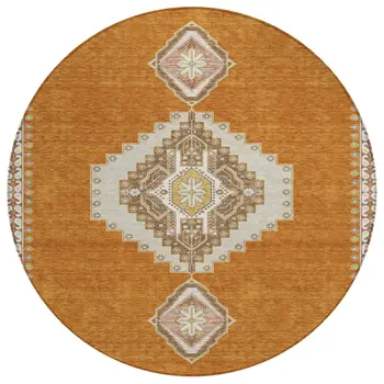 8' Copper Brown And Ivory Round Oriental Washable Indoor Outdoor Area Rug