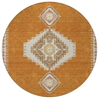 8' Copper Brown And Ivory Round Oriental Washable Indoor Outdoor Area Rug