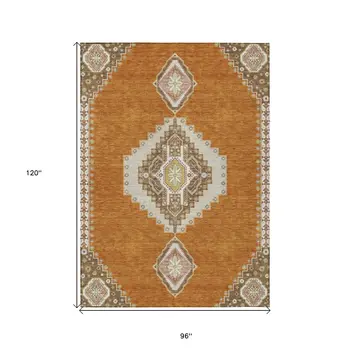 8' X 10' Copper Brown And Ivory Oriental Washable Indoor Outdoor Area Rug