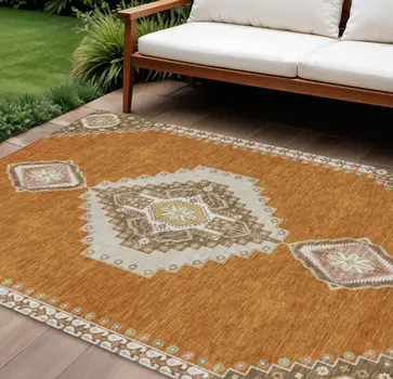 8' X 10' Copper Brown And Ivory Oriental Washable Indoor Outdoor Area Rug