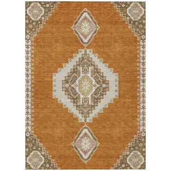 8' X 10' Copper Brown And Ivory Oriental Washable Indoor Outdoor Area Rug