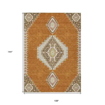 9' X 12' Copper Brown And Ivory Oriental Washable Indoor Outdoor Area Rug