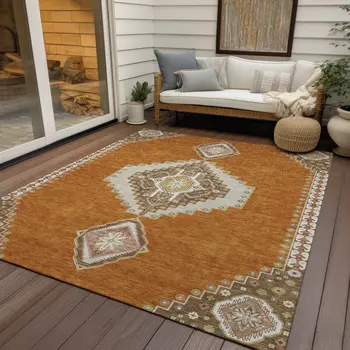 9' X 12' Copper Brown And Ivory Oriental Washable Indoor Outdoor Area Rug