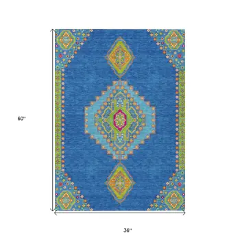 3' X 5' Denim Blue Red And Green Oriental Washable Indoor Outdoor Area Rug