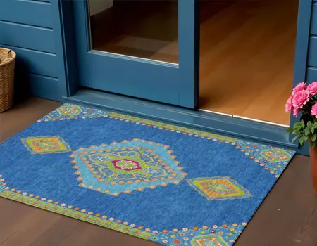 3' X 5' Denim Blue Red And Green Oriental Washable Indoor Outdoor Area Rug