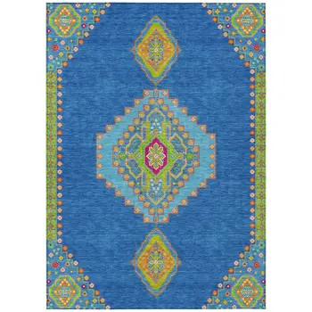 5' X 8' Denim Blue Red And Green Oriental Washable Indoor Outdoor Area Rug