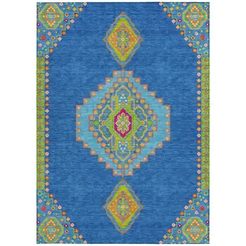 5' X 8' Denim Blue Red And Green Oriental Washable Indoor Outdoor Area Rug