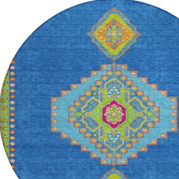 8' Denim Blue Red And Green Round Oriental Washable Indoor Outdoor Area Rug