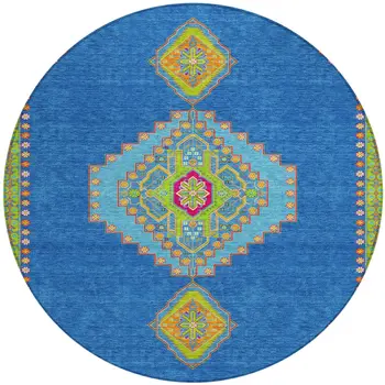 8' Denim Blue Red And Green Round Oriental Washable Indoor Outdoor Area Rug