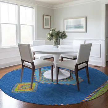 8' Denim Blue Red And Green Round Oriental Washable Indoor Outdoor Area Rug
