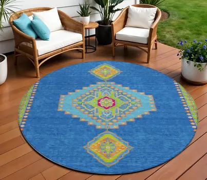 8' Denim Blue Red And Green Round Oriental Washable Indoor Outdoor Area Rug