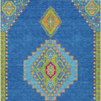 8' X 10' Denim Blue Red And Green Oriental Washable Indoor Outdoor Area Rug