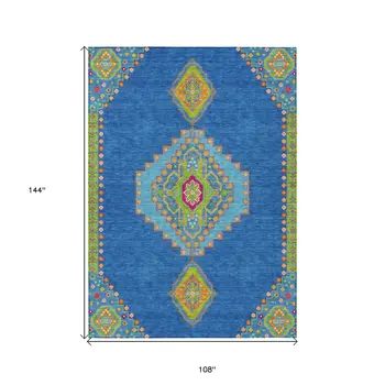 9' X 12' Denim Blue Red And Green Oriental Washable Indoor Outdoor Area Rug