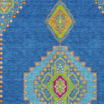 9' X 12' Denim Blue Red And Green Oriental Washable Indoor Outdoor Area Rug