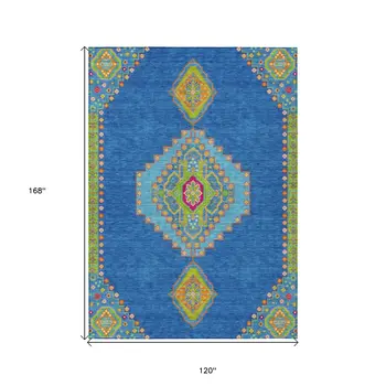 10' X 14' Denim Blue Red And Green Oriental Washable Indoor Outdoor Area Rug