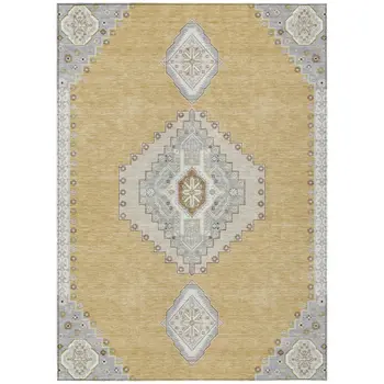 3' X 5' Gold Gray And Ivory Oriental Washable Indoor Outdoor Area Rug