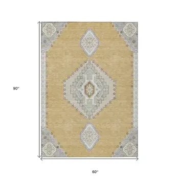 5' X 8' Gold Gray And Ivory Oriental Washable Indoor Outdoor Area Rug