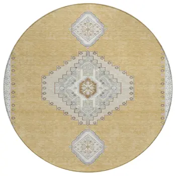 8' Gold Gray And Ivory Round Oriental Washable Indoor Outdoor Area Rug