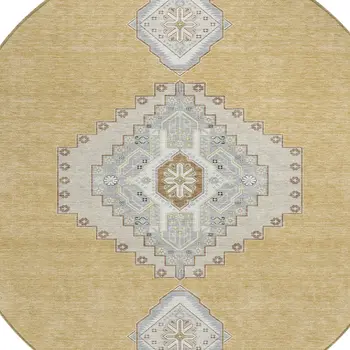 8' Gold Gray And Ivory Round Oriental Washable Indoor Outdoor Area Rug