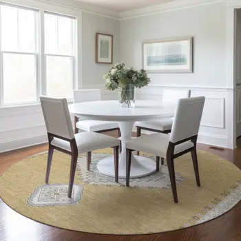 8' Gold Gray And Ivory Round Oriental Washable Indoor Outdoor Area Rug
