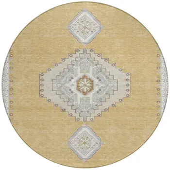 8' Gold Gray And Ivory Round Oriental Washable Indoor Outdoor Area Rug