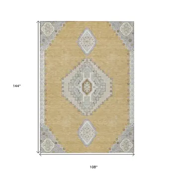 9' X 12' Gold Gray And Ivory Oriental Washable Indoor Outdoor Area Rug