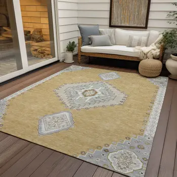9' X 12' Gold Gray And Ivory Oriental Washable Indoor Outdoor Area Rug