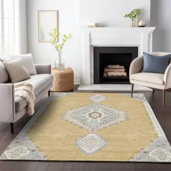 9' X 12' Gold Gray And Ivory Oriental Washable Indoor Outdoor Area Rug