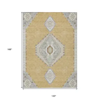 10' X 14' Gold Gray And Ivory Oriental Washable Indoor Outdoor Area Rug