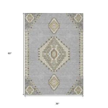 3' X 5' Gray Beige And Ivory Oriental Washable Indoor Outdoor Area Rug